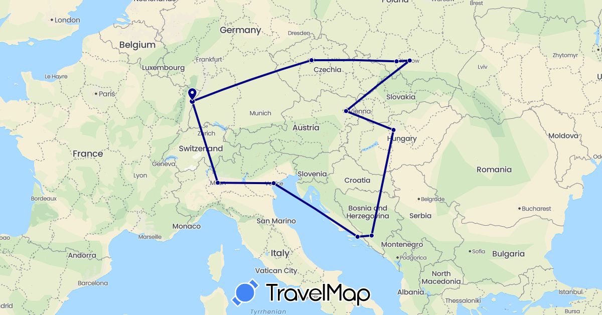 TravelMap itinerary: driving in Austria, Bosnia and Herzegovina, Czech Republic, France, Croatia, Hungary, Italy, Poland (Europe)